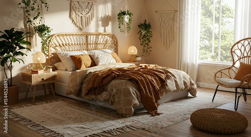 Bohemian Bedroom with Rattan Furniture and Macrame Decor