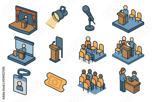 Isometric icons of public speaking and conference elements