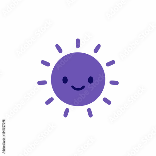 A purple, cartoon sun with a happy face.  Simple, stylized sun rays radiate outward from a round, solid form.  A small, smiling face is depicted on the sun's surface