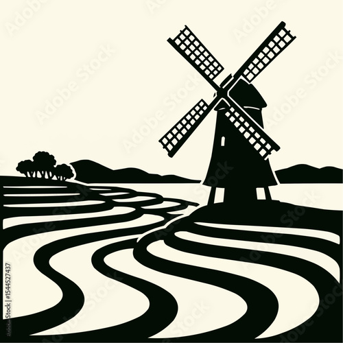 Old Dutch windmills dotting the rural landscape under a blue sky, showcasing traditional architecture and sustainable energy