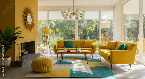 Vibrant Mid-Century Modern Living Room with Yellow Sofa