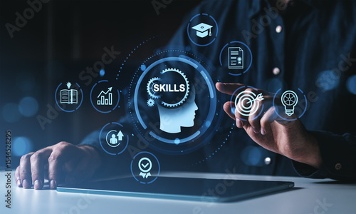 Canvastavla Human skills development and training concept with digital icons on dark background