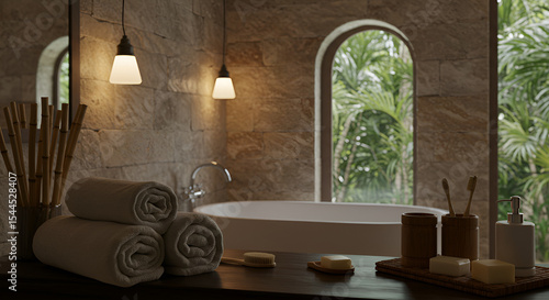 Serene Bathroom with Arched Window and Tropical View