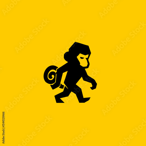 Black monkey carrying a rolled-up item, stylized design, on a bright yellow background