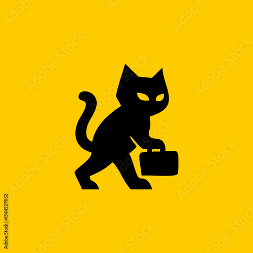 Black cat carrying a briefcase on a bright yellow background