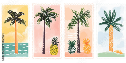Watercolor-style postage stamps featuring palm trees and pineapples