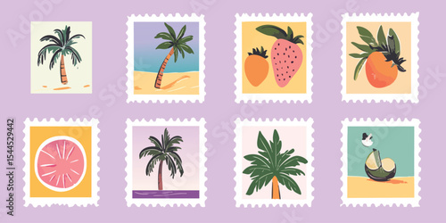 Tropical-themed postage stamps featuring palm trees, fruits, and a coconut
