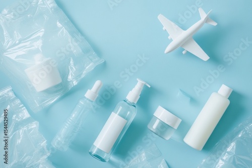 A flat lay composition of travel-sized skincare products in clear bottles and plastic bags, with a toy airplane flying above on a light blue background.