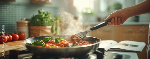 Cooking a meal person stirring food in a pan on a stove top in the kitchen