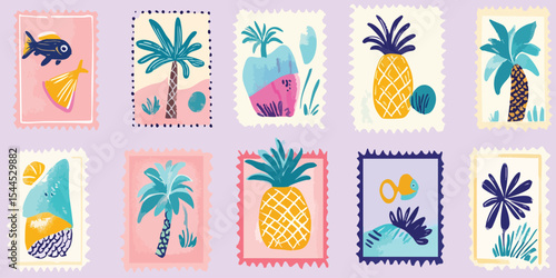 Pastel-colored postage stamp-style design featuring tropical motifs