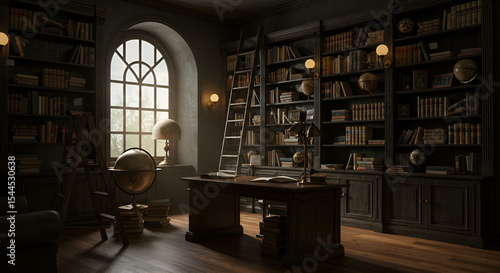 Classic Library Study Room with Extensive Bookshelves