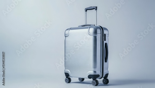 A silver travel suitcase is placed in the middle of an empty, modern white hotel lobby, with large windows on both sides and green plants next to it. 