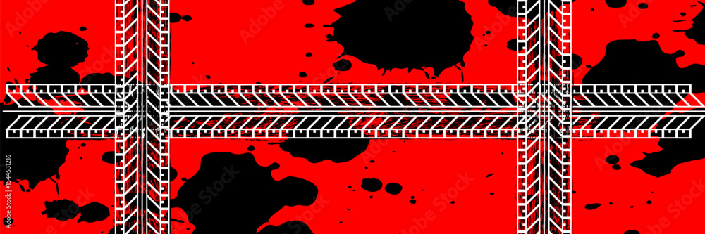 Obraz premium Auto tire tread grunge element. Car and motorbike tire patterns, wheel tire tread marks. Black tire print. Vector illustration isolated on red background. Vector Illustration