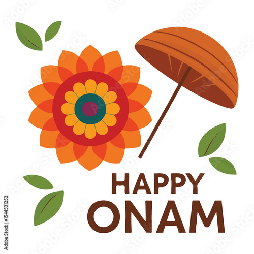 Happy Onam Festival Floral Design with Traditional Umbrella
