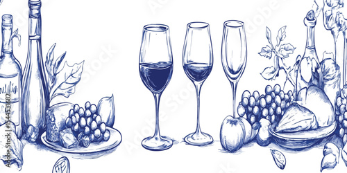 Hand-drawn still life featuring wine bottles, glasses, grapes, fruits, and decorative elements