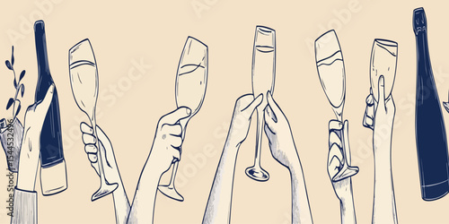 A celebration of toasting.  Hands holding champagne flutes and a bottle of wine.  Line art style, with a light beige background