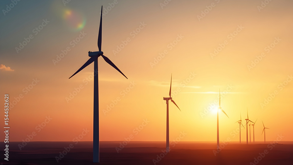 Fototapeta premium Wind Turbines Stand Tall Against a Vibrant Sunset Sky Emphasizing Renewable Energy and Sustainable Environment