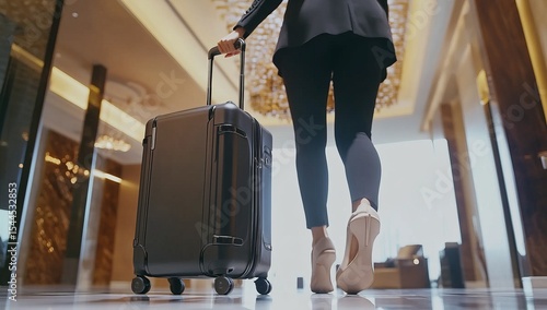 A woman with a white backpack and black jeans is walking in the airport, pulling her luggage behind her. 