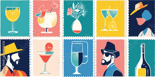 Colorful postage stamp-style illustrations of drinks and people