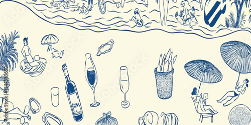 Beach Scene with People, Umbrellas, and Food