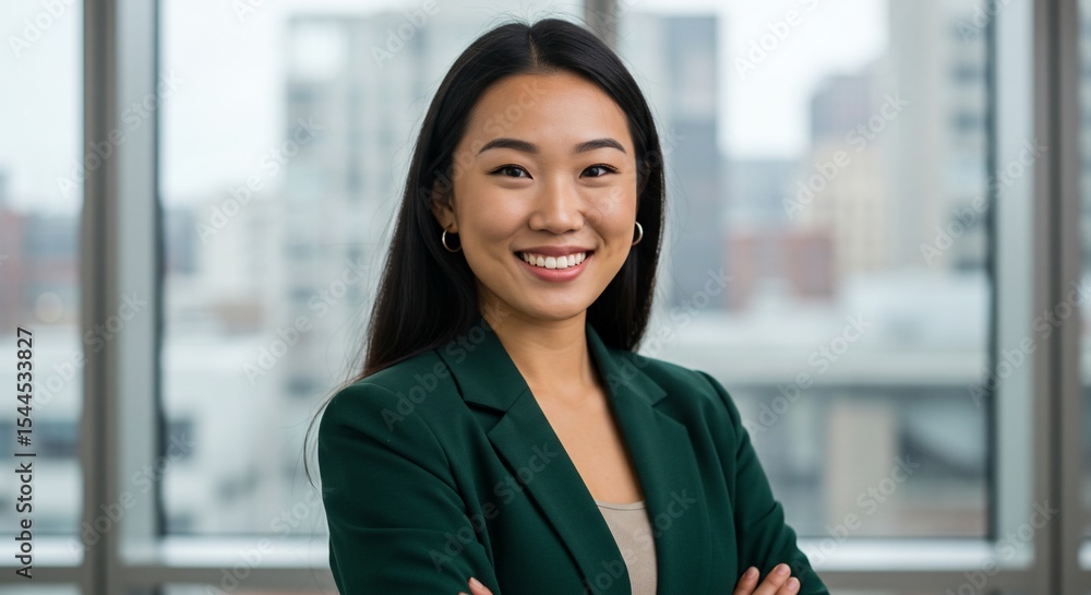 Confident Asian Businesswoman Smiling in Modern Office Setting with Arms Crossed Confident Asian Businesswoman Smiling in Modern Office Setting with Arms Crossed