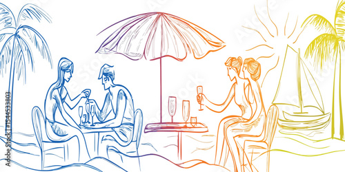 Four people enjoying a beachside meal under a vibrant umbrella, with a sailboat in the background.  Palm trees and a bright sun are also depicted