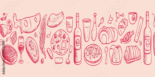 Assorted food and kitchen items in a hand-drawn style