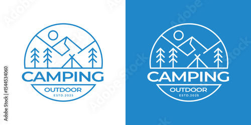badge line art mountain camp logo design