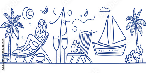 Beach Scene with Couple, Boat, and Palm Trees
