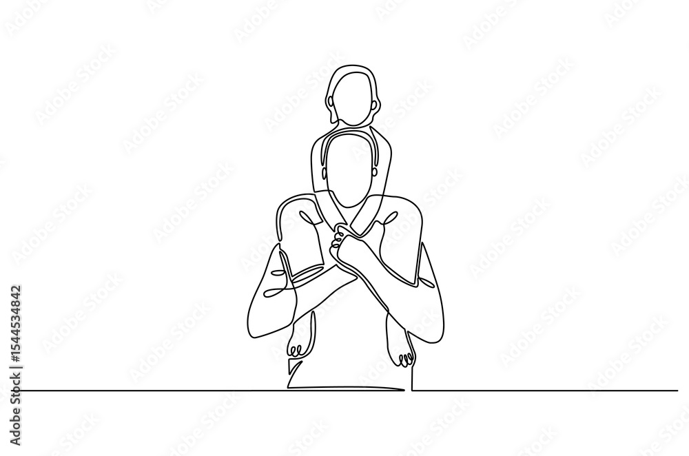 Continuous one line drawing of Father giving son ride on back. Single line drawing illustration of Father with daughter. Happy loving family concept vector art. Doodle line illustration. Continuous one line drawing of Father giving son ride on back. Single line drawing illustration of Father with daughter. Happy loving family concept vector art. Doodle line illustration.