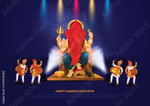 Ganesha aagman banner with lord ganesha and nashik dhol group. People celebrating.