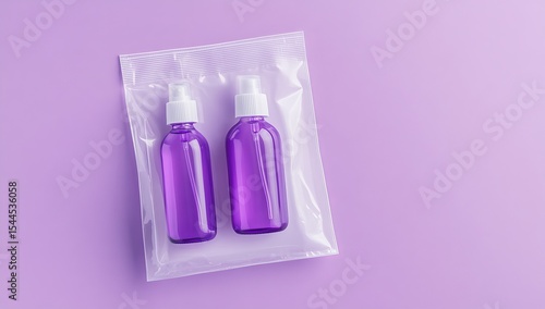Photo of a white, transparent plastic bag with two purple bottles and one spray bottle on it, placed against a flat violet background. The top-down view captures the product in its packaging
