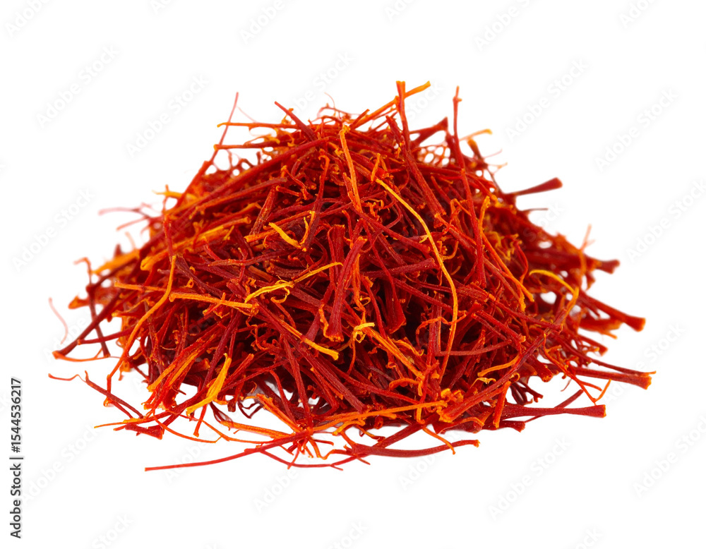 Naklejka premium Pile of vibrant red saffron threads isolated, ready for culinary use on transparent background