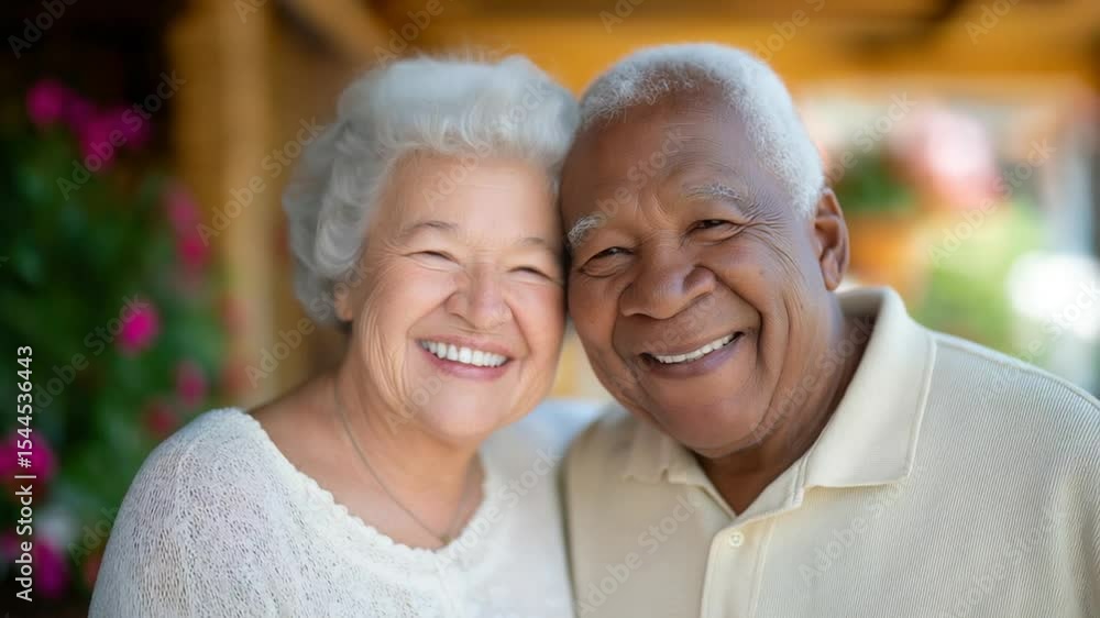 Retired couple enjoying moments on a porch with potted plants Retired couple enjoying moments on a porch with potted plants