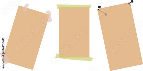 A set of three icons in the form of pieces of paper glued to the wall. They are held in place with transparent tape and nails.