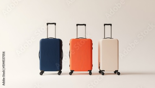Three modern and minimalist suitcases with different colors on wheels, including one in orange, another in navy blue, and the third in beige.