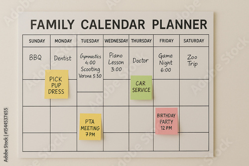 Organize your family schedule effortlessly with this weekly calendar planner featuring daily slots for appointments, activities, and reminders.