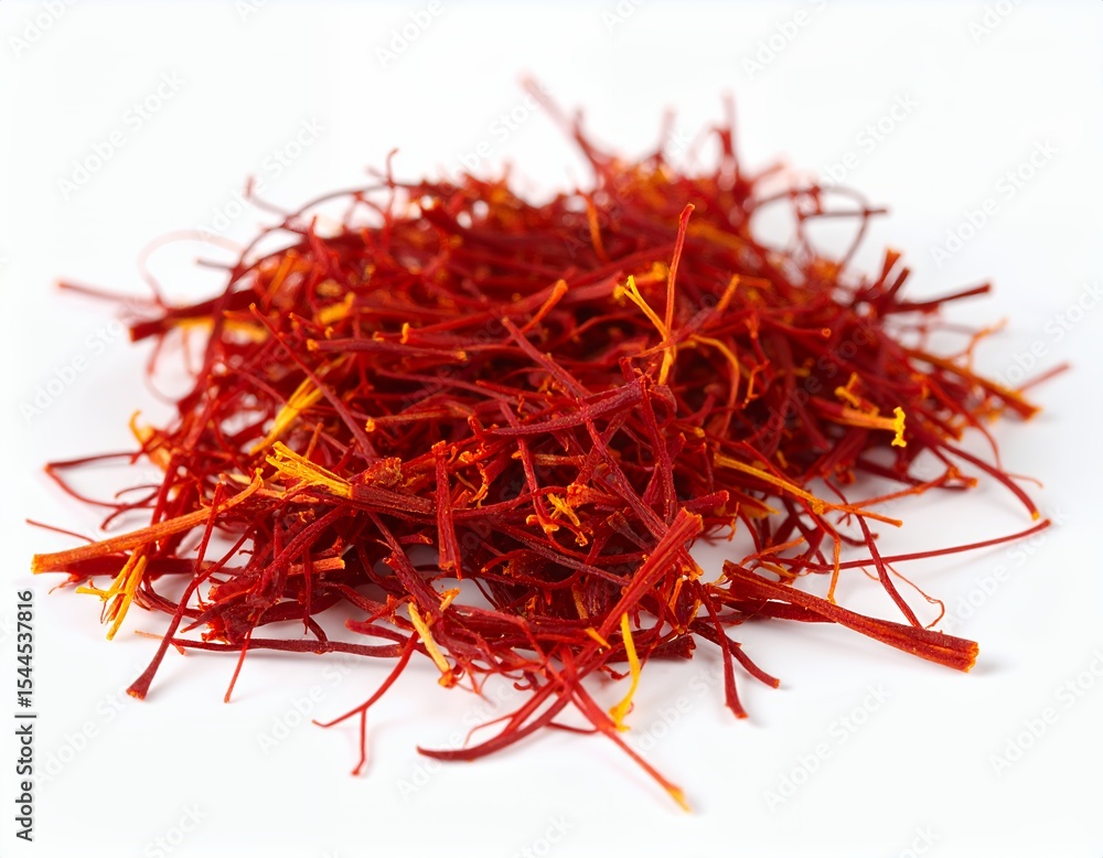 Naklejka premium Pile of vibrant crimson saffron threads meticulously arranged close up on white background