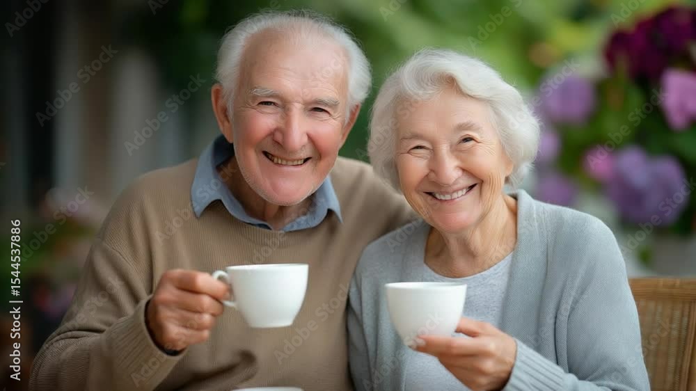 Senior couple enjoying tea on patio with garden view Senior couple enjoying tea on patio with garden view