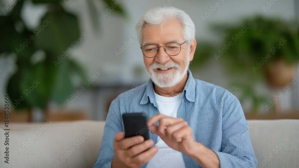 Senior man checks blood sugar level with smartphone in bright living room Senior man checks blood sugar level with smartphone in bright living room