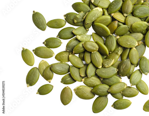 Pile of vibrant green pumpkin seeds scattered on a clean surface on transparent background