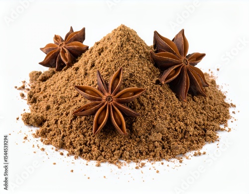 Aromatic spiced powder with star anise pods arranged delicately on pile on white background