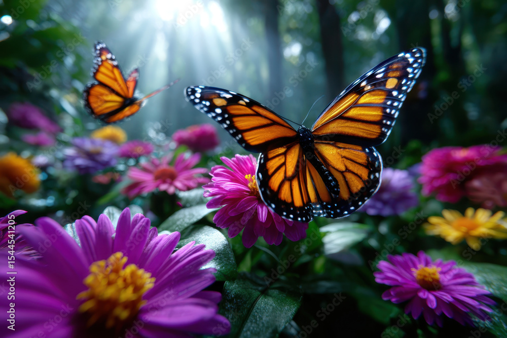 Obraz premium Butterflies fluttering among vibrant flowers in a sunlit forest clearing