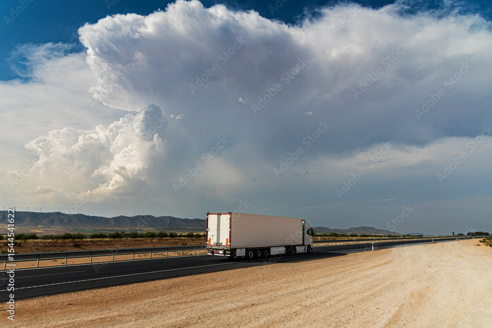 Refrigerated semi-trailer truck driving on a highway under a cloudy sunset sky. Refrigerated semi-trailer truck driving on a highway under a cloudy sunset sky.