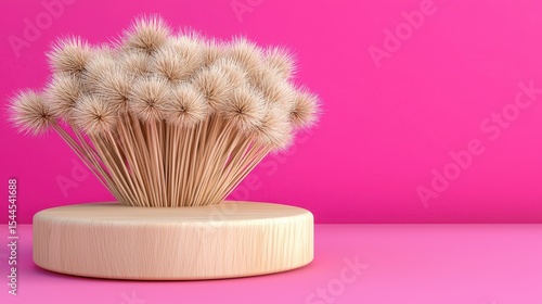 Beige Dried Flower Arrangement on Wooden Base Against Pink Background
