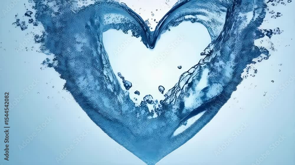 Water heart shape with splashes against a pale blue background expressing love and wellness with cool liquid flow. Water heart shape with splashes against a pale blue background expressing love and wellness with cool liquid flow.