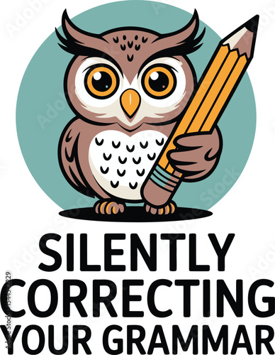 Grammar Owl Logo Illustration of Wise Owl Holding Pencil for Editing and Proofreading