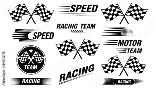 racing team logos and speed icons collection with checkered flags, motor emblems, fast symbols, and dynamic black and white graphics