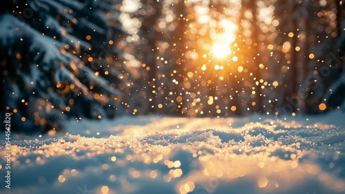 Winter Serenity: A snow-covered forest sparkles in the soft glow of the setting sun, as gentle snowflakes dance through the air. A peaceful moment of winter beauty.