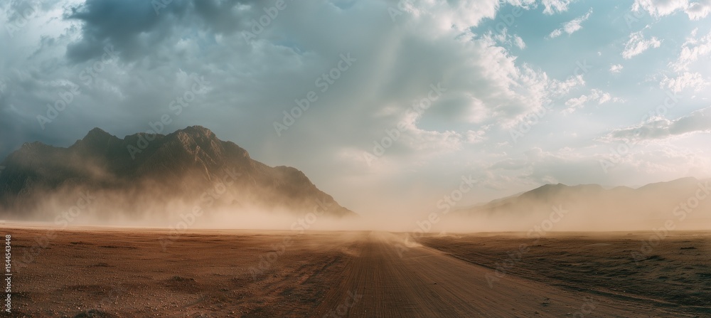 Fototapeta premium Vast panoramic desert landscape with distant mountains and a straight road leading to the horizon, featuring dust clouds, dry terrain, and atmospheric particles under a muted, cinematic tone